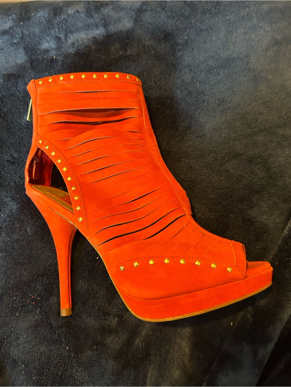 Boutique 9 Reddish Orange Suede Peep-Toe Platform Bootie with Gold Studs